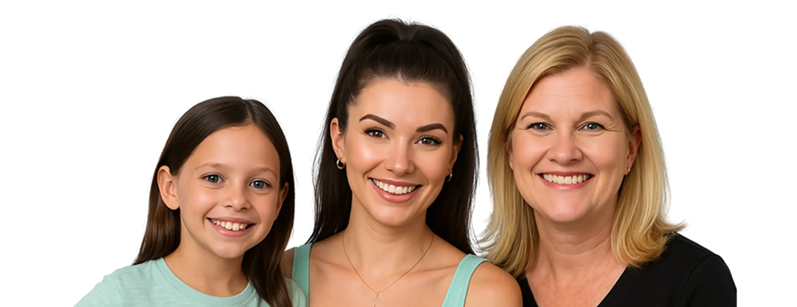 A three-generation portrait of a smiling family: a young girl on the left, a young woman with dark hair in the center, and an older blonde woman on the right, all standing close together against a solid peach-colored background.